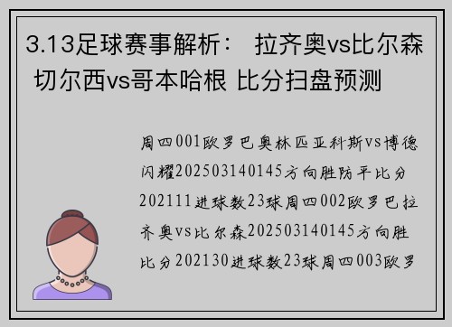 3.13足球赛事解析： 拉齐奥vs比尔森 切尔西vs哥本哈根 比分扫盘预测
