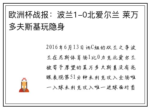 欧洲杯战报：波兰1-0北爱尔兰 莱万多夫斯基玩隐身