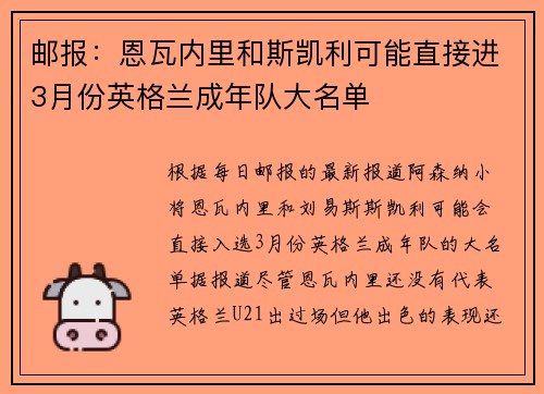 邮报：恩瓦内里和斯凯利可能直接进3月份英格兰成年队大名单